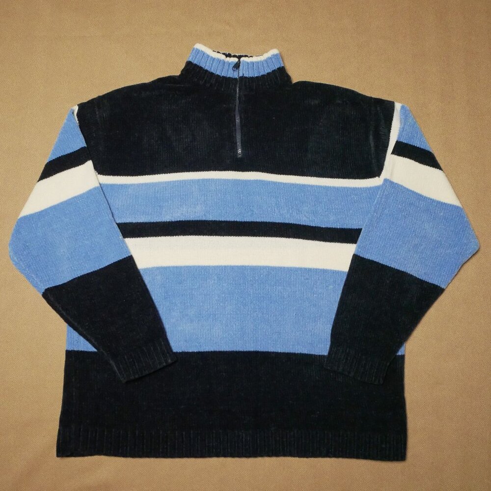 TRUST Men's Mock Turtleneck Ribbed Suede Sweater Mens L /  Blue & White.